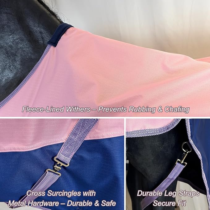 BARN & STABLE 600Denier 3000mm/3000mvp Super Waterproof & Breathable Horse Blankets for Winter with 200g Fill (Pink/Blue, 75 Inch)