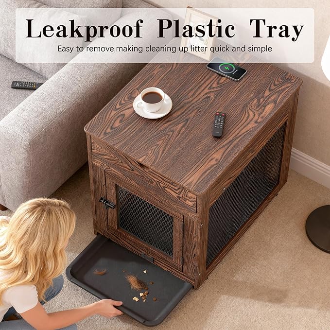Piskyet Dog Crate Furniture,Wooden Dog Crate End Table with Storage Drawer&Cushion&Tray, QC3.0 Wireless Charging,Dual USB,Small Dogs Rustic Style