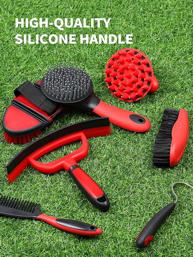 Harrison Howard Horse Grooming Kit, 9-Piece Complete Grooming Tools Set with Non-Slip Silicone Grip for Daily Horse Care, Bathing & Shedding Red