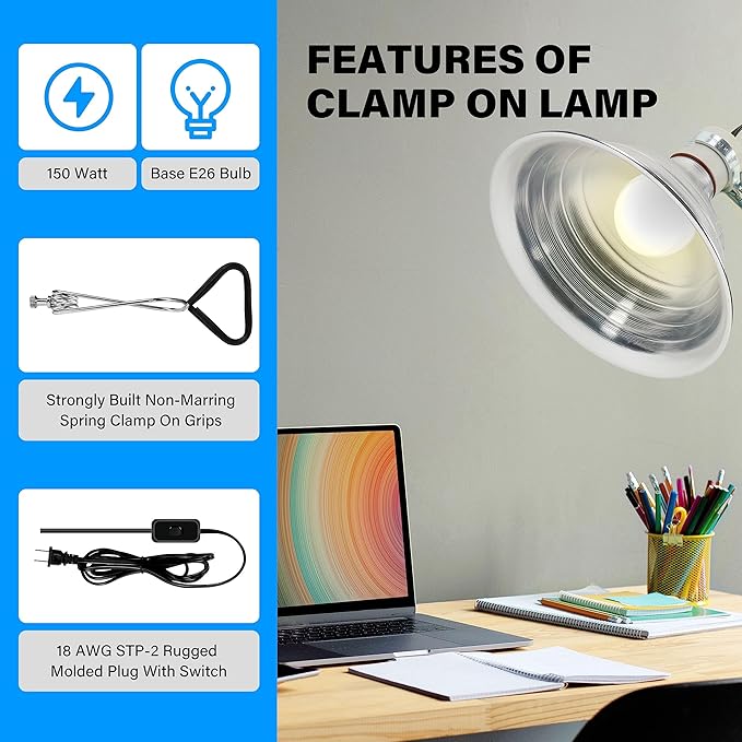 Simple Deluxe 150W Ceramic Reptile Heat Lamp Bulb & 150W Clamp Light with 8.5" Aluminum Reflector, LCD Digital Aquarium Thermometer Combo for Amphibian Pets