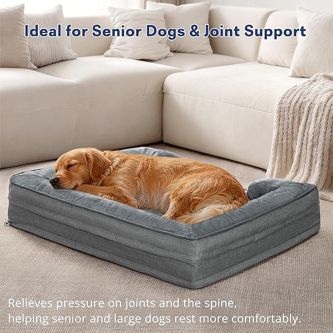 aodisman Orthopedic Dog Beds for Large Sized Dogs, Waterproof Memory Foam Big Size Pet Bed with Sides,Comfort Thick Egg-Crate Foam,Dog Couch Bed,Washable Cover & Non-Slip Bottom,Grey