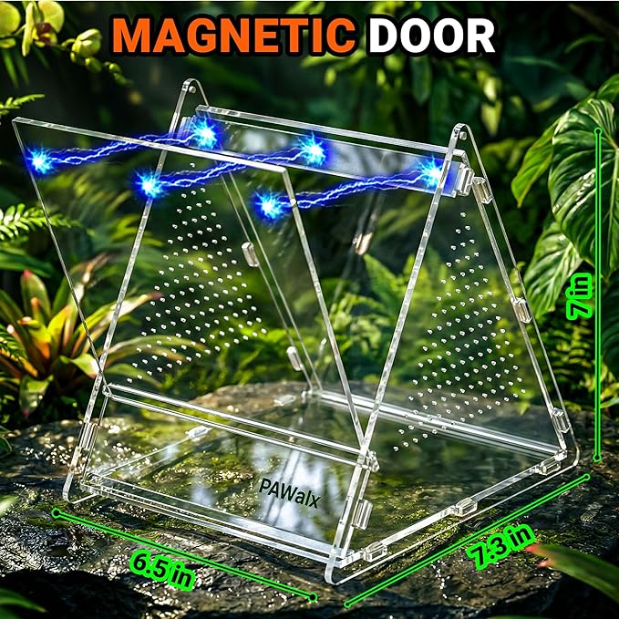 Triangular Jumping Spider Enclosure, Acrylic Terrarium with Magnetic Doors, 0.8mm Micro-Ventilation& Escape-Proof Design for Tarantulas, Lizards, Small Pets, 6.5"x7.3"x7"