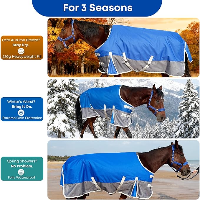 Horse Blanket for Winter, Waterproof, 1200D, 220g (Blue/Gray, 72 in)