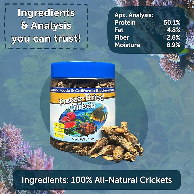 Aquatic Foods Inc. Crickets, Freeze Dried Crickets for Large Tropical Fish, Monster Fish, Reptiles, Turtles, Tortoises, Frogs, Hamsters, Birds, Rodents 1.0oz Canister