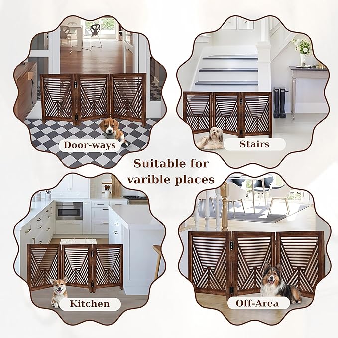 Lightnpro Geometric Wooden Dog Gate - Stylish Freestanding Foldable Indoor Pet Barrier, Extra-Wide Safety Gate for Dogs & Small Pets, Perfect for Stairs & Entryways - 24x54 Inch Natural Burnt Finish
