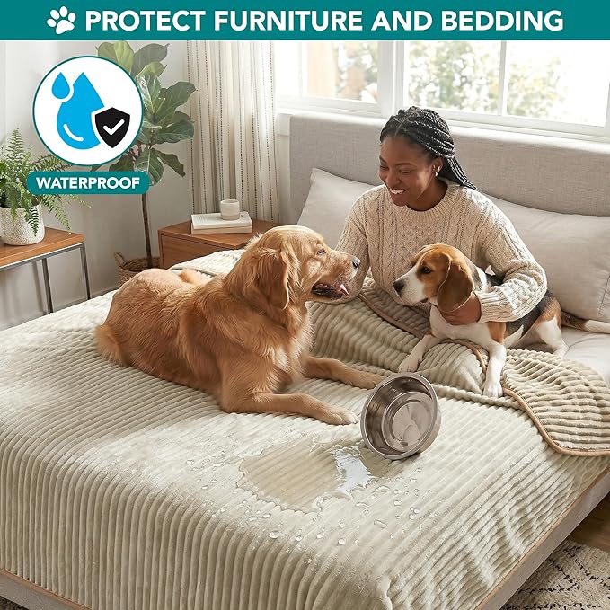 PetAmi Waterproof Dog Blanket, Leakproof Pet Blanket for Small Medium Large Dogs, Reversible Furniture Bed Sofa Couch Cover Protector, Plush Striped Pet Throw for Indoor Cat, 40x60 in, Taupe Beige