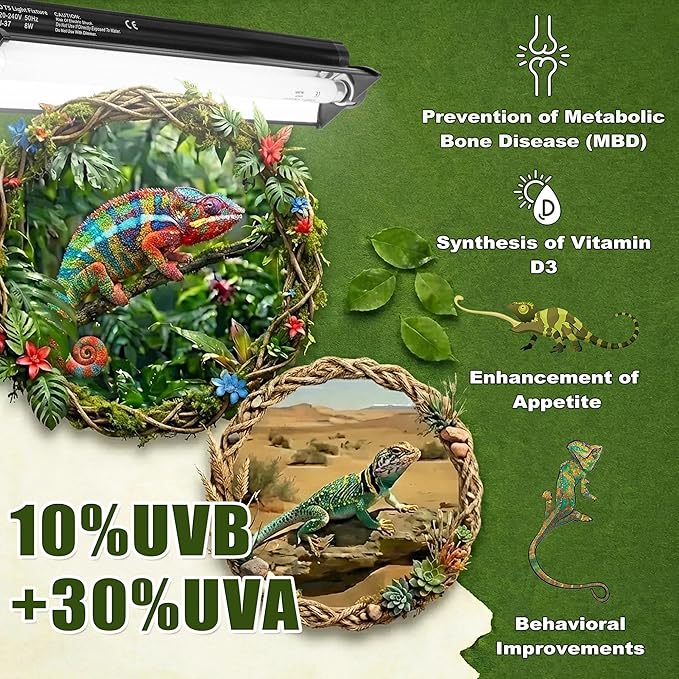 T5 HO UVB Reptile Light Kit, 6.4" Fixture with 4W 10.0 UVB Tube, Suitable for Desert Reptiles Including Juvenile Bearded Dragons in Small Terrariums