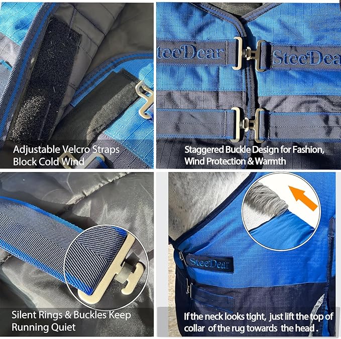 300g Fill 1200D Mid-Heavy Weight Winter Waterproof and Breathable Horse Blanket Belly Straps| Turnout Blankets with Reflective Strips (Dark Blue, 66'')