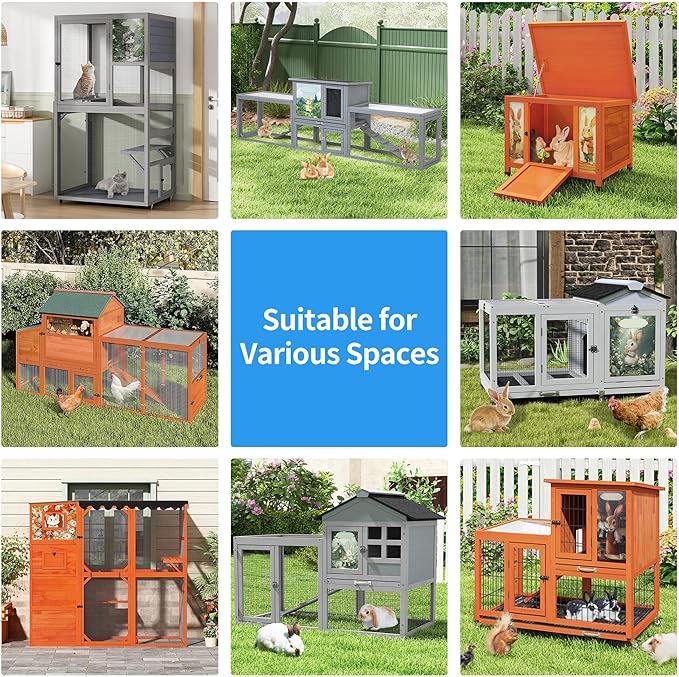 COZIWOW 36.5-Inch Double-Decker Wooden Insulated Rabbit Hutch with Wheels, Heated Rabbit Cage Featuring A Cleaning Tray and Ladder—Stylish&Easy to Assemble（Orange&Air Purifier）