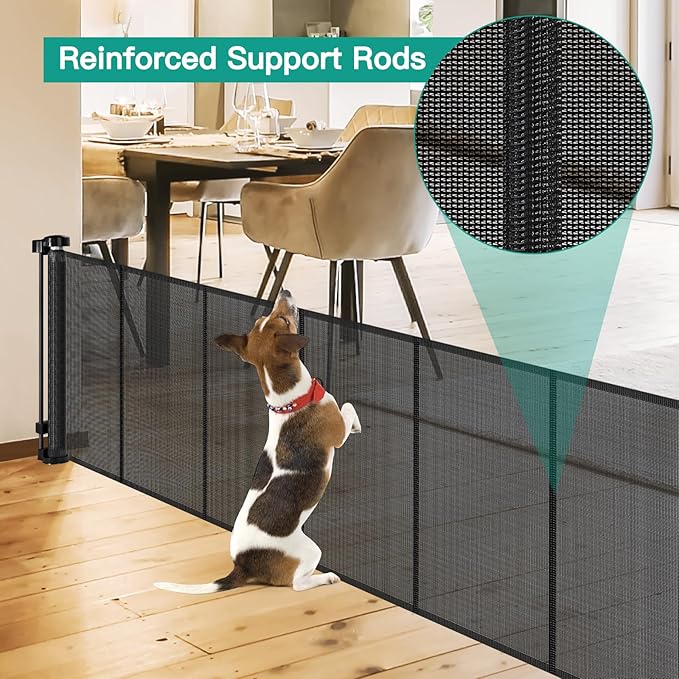 24 Inch Tall x 75 Inch Extra Wide Retractable Dog Gate for The House, Short Dog Gate to Step Over, Reinforced Mesh Puppy Gate for Doorways, Step Over Pet Gate for Stairs, Indoor/Outdoor, Black