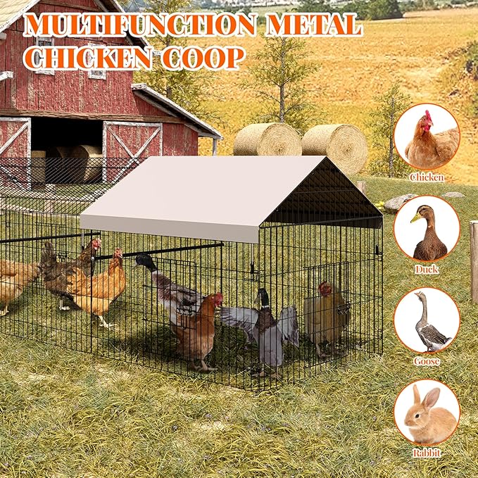 Metal Chicken Coop, Chicken Run for Yard with Cover, Outdoor Metal Chicken Cage with 4 Door and 1 Window for Outside Duck Rabbit Hen, 130"×40"×40"
