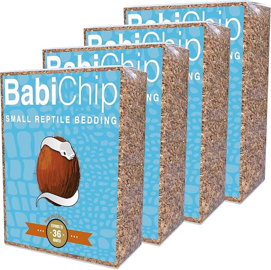 BabiChip Coconut Chip Substrate for Reptiles 4 Pack of 36 Quart Loose Small Sized Coco Husk Chip Bedding for Ball Pythons, Snakes, Tortoises, Geckos, Frogs, or Lizard Terrarium Tanks
