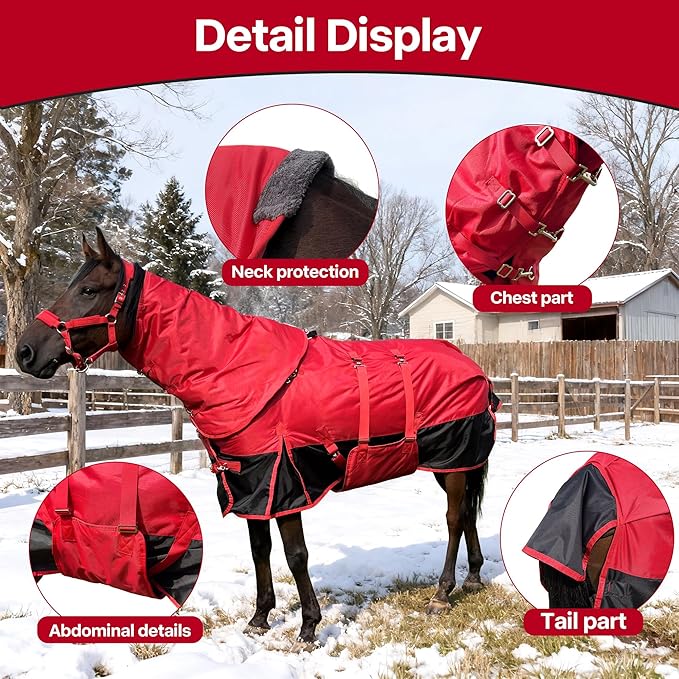 Horse Blankets,1600D Oxford Cold Weather Horse Trunout Sheets, Medium Weight Winter Horse Care Blankets with 280g Filling Liner (Red&Black, US 78 inch/EU 145 cm)