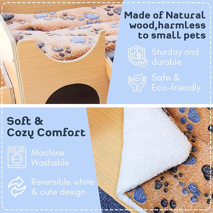 Guinea Pig Wooden Hideout with Built-in Feeder, Screw-Assembled Natural Wood Castle with Absorbent Fleece Mat, Ramp & Accessories, Cozy Safe Hideaway for Small Pets to Rest, Play & Explore