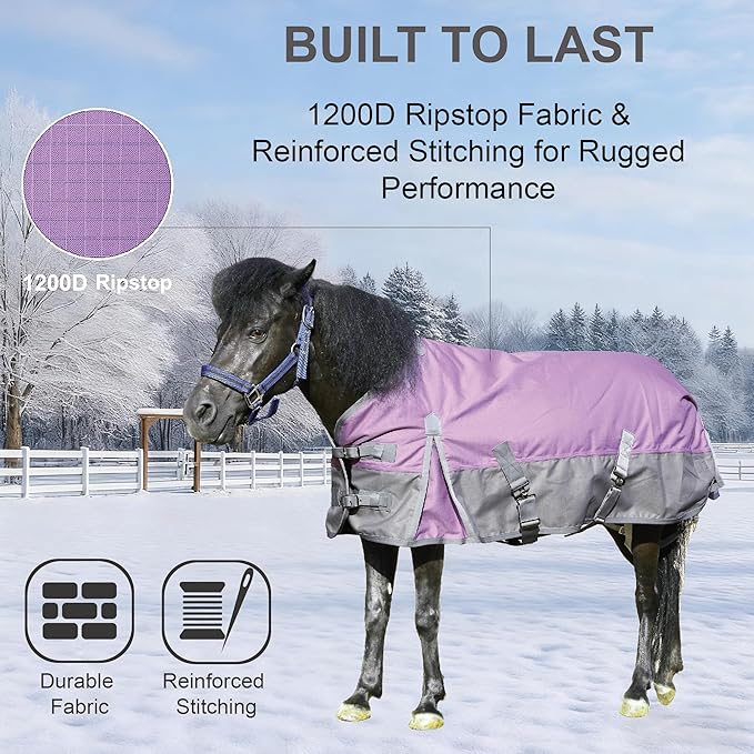 1200D Ripstop Mini Horse/Pony Blanket, Medium Weight 200g Fill - Waterproof Breathable Warm Winter Turnout Blanket for Foal/Weanling/Yearling/Donkey/Mule Violetgrey 57