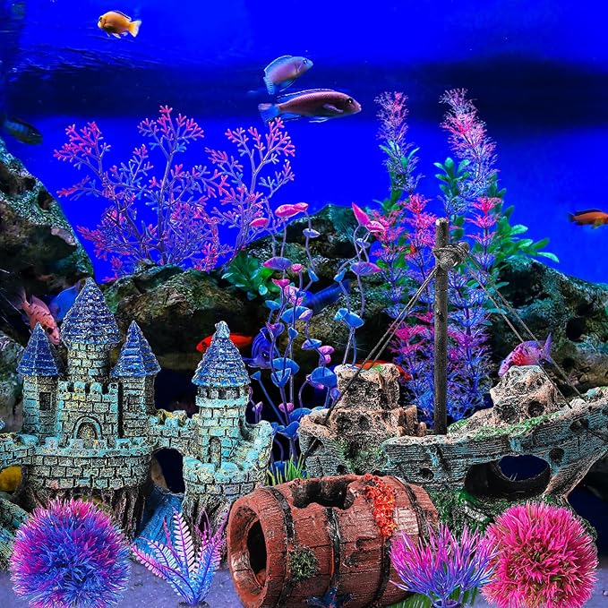 Zeyune 18 Pcs Aquarium Decorations Kit Fish Tank Decorations Set Small Resin Castle Sunken Ship Starfish Barrel Artificial Aquarium Plants for Fish Bowl