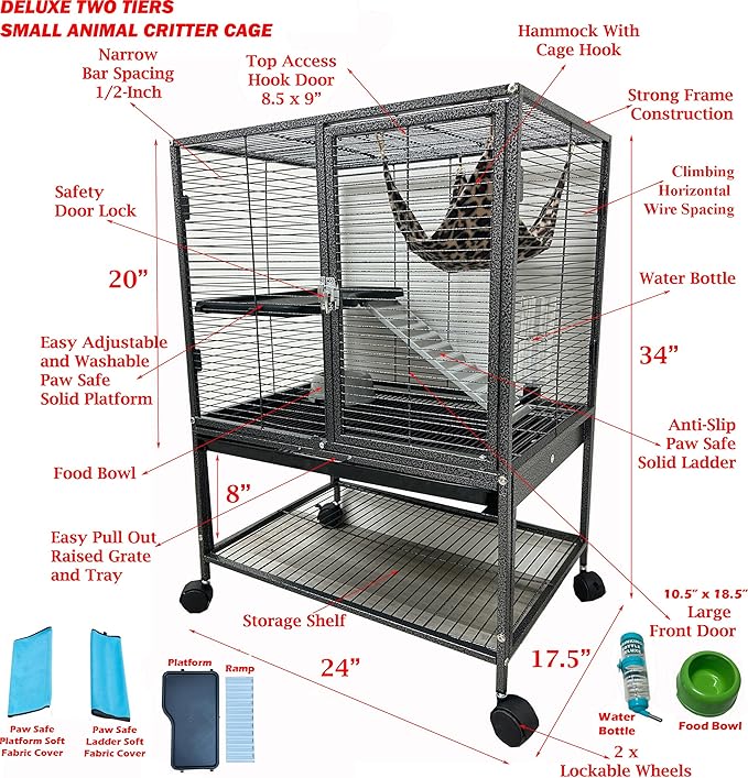 Two Tiers Deluxe Small Animal Critter Home Cage Tight 1/2-Inch Bar Spacing for Feisty Ferret Play Hammock Chinchilla Rat Mice Squirrel Rabbit Sugar Glider with Rolling Stand