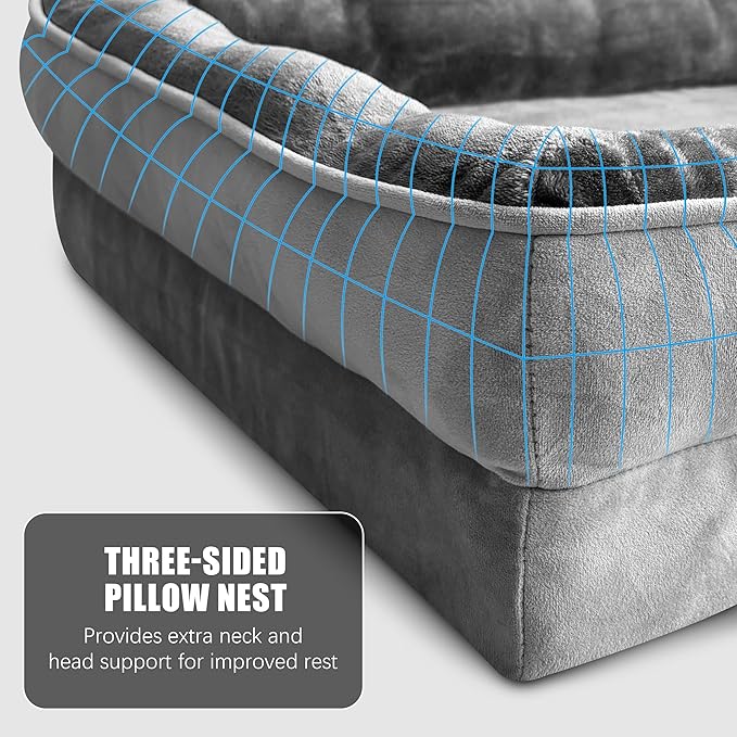 Spotted Play Orthopedic Dog Bed with Sides - Dog Sofa Beds for Large Dogs, Supportive Foam Pet Couch Bed with Washable Removable Cover, Waterproof Lining and Non-Slip Bottom, Grey - L