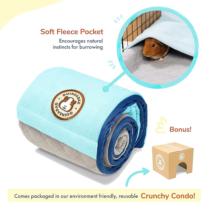 GuineaDad Original Reusable Cage Liner – Blue Fleece Bedding with Burrowing Pocket – Extra Absorbent Bamboo Core & Waterproof Bottom – Fits 2x3 C&C Guinea Pig Cages – Small Pet Supplies