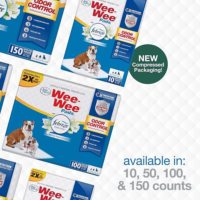 Four Paws Wee-Wee Odor Control with Febreze Freshness Pee Pads for Dogs & Puppies, Leak-Proof Dog Housebreaking Potty Training Floor Protection, Spring Fresh Scent, 22" x 23", 50 Count