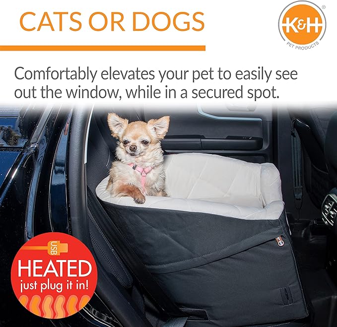 K&H Pet Products Bucket Booster for Small & Medium Dogs - Washable Heated Car Seat with Safety Leashes - Charcoal/Cream