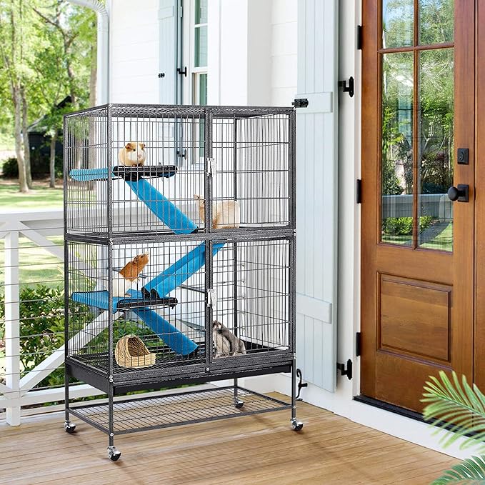 Topeakmart Small Animals Cages Ferret/Guinea Pigs/Chinchilla/Rabbit Cages 2-Story Rolling Metal Cage w/ 2 Removable Ramps &Litter Box, Hammock,Black