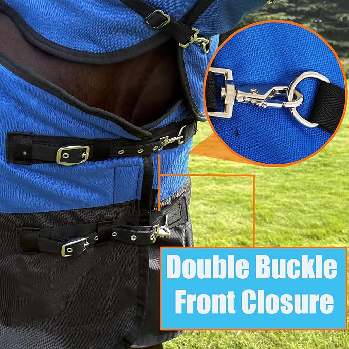 Horse Turnout Blanket, Heavy Weight Horses Blanket with 300g Poly Filling, Neck Cover & Belly Wrap, 1680D Waterproof Winter Blankets for Horses (Blue, US72 in(EU 135 cm))