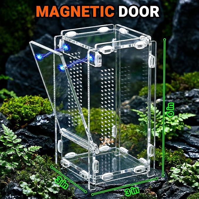 Jumping Spider Enclosure, Acrylic Terrarium with with Magnetic Doors, 0.8mm Micro-Ventilation, Stackable Escape-Proof Habitat for Jumping Spiders, Tarantulas & Small Reptiles, 3”x3”x6”