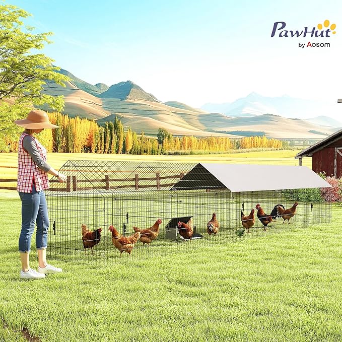 PawHut Metal Chicken Coop, Large Chicken Run with Water-Resistant & Anti-UV Cover for 7-9 Hens, Outdoor Hen House Rabbit Hutch with 10 Doors for Duck, Small Animal, for Backyard, 21' x 3.5' x 3.6'