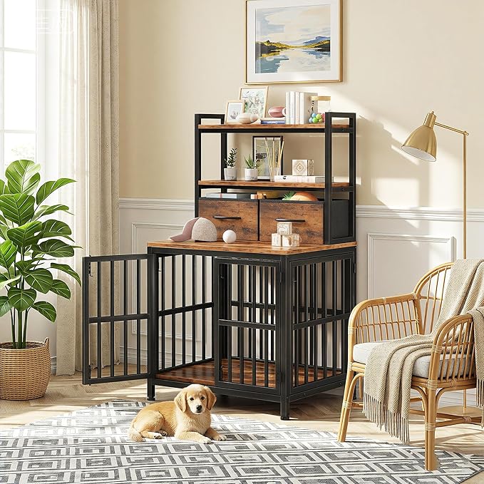 HIGDBFE Dog Crate Furniture with Drawer & Shelf, 25.5" Small Dog Crate with 4 Lockable Doors, Indoor Dog Kennel for Small Dogs, Anti-Chew Dog Cage with Storage, Rustic Brown, 43.7" H