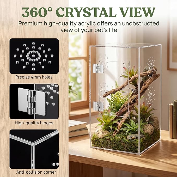 Large Jumping Spider Enclosure, 12x6x6 Inch Acrylic Spider Terrarium, Pre-Assembled Reptile Enclosure with Front Opening Door, Habitat Accessories for Mantis, Tarantula, Snail, Invertebrates