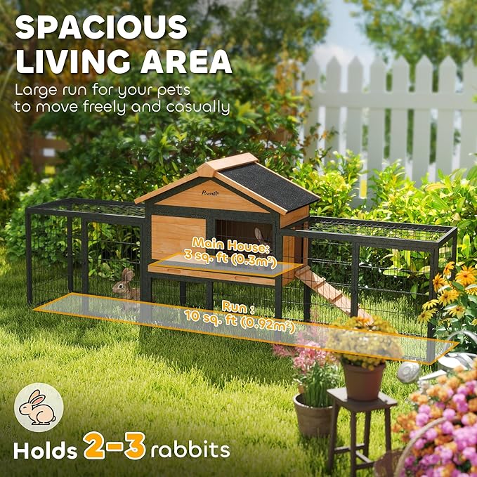 PawHut Rabbit Hutch Outdoor, 85" Large Wooden Bunny Cage with Steel Run, Removable Tray, Waterproof Roof, Ramp, Metal Guinea Pig Cage for 2-3 Small Animals, Rabbits, Chickens, Ducks, Backyard Garden