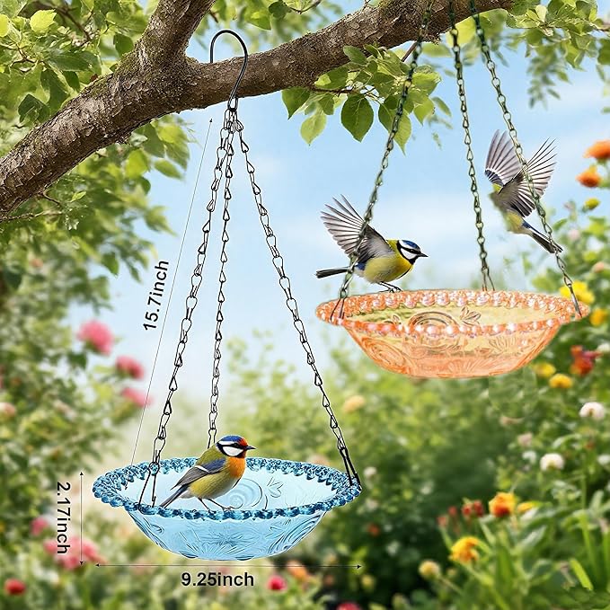 Hanging Bird Baths & Feeders for Outdoors, Bird Water Bowl and Seed Trays Set Feeders for Outside, Garden, Patio Lawn Yard Decor Blue & Pink (2)