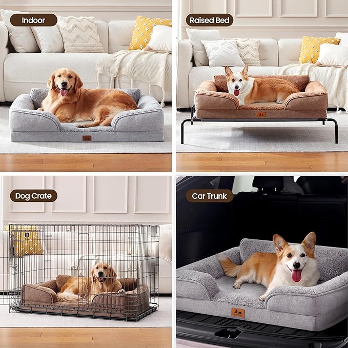 Orthopedic Dog Beds for Medium Size Dogs, Waterproof Egg-Crate Foam Pet Couch Bed with Soft Sides, Non-Slip Dog Sofa with Fleece Removable Washable Cover, 28"L Supportive Pet Sofa, Light Grey