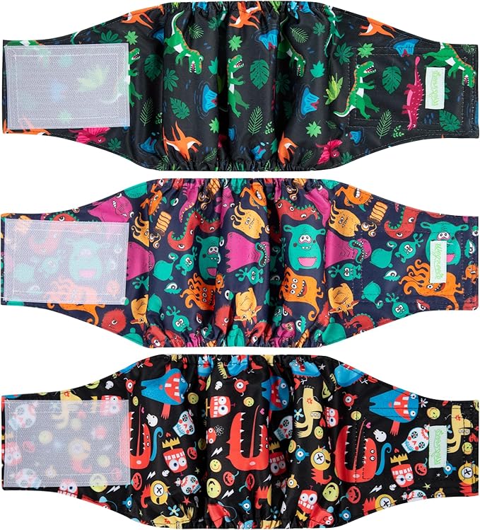 wegreeco Washable Male Dog Belly Band (Stylish Pattern)- Pack of 3 - Male Dog Belly Wrap, Dog Diapers Male (Childlike Creatures, Large)