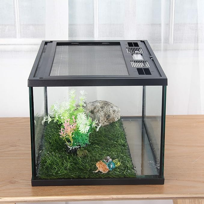 crapelles Frogs Glass Terrarium Feeding kit Tank, 15.7×11×9 inches, for Reptile Amphibians, Insect, Horned Frogs, Waterweed Prairie Style Habitat, with Green Artificial Turf Pad, Natural Volcanic Rock