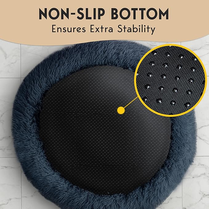 PetJett Dog Beds Large Sized Dog - 36'' Calming Round Bed, Washable Dog Bed - Anti-Slip Super Soft Donut Bed, Fluffy Faux Fur Anti-Anxiety Premium Comfort Pet Bed, Fits Dogs up to 80 lbs - Dark Grey