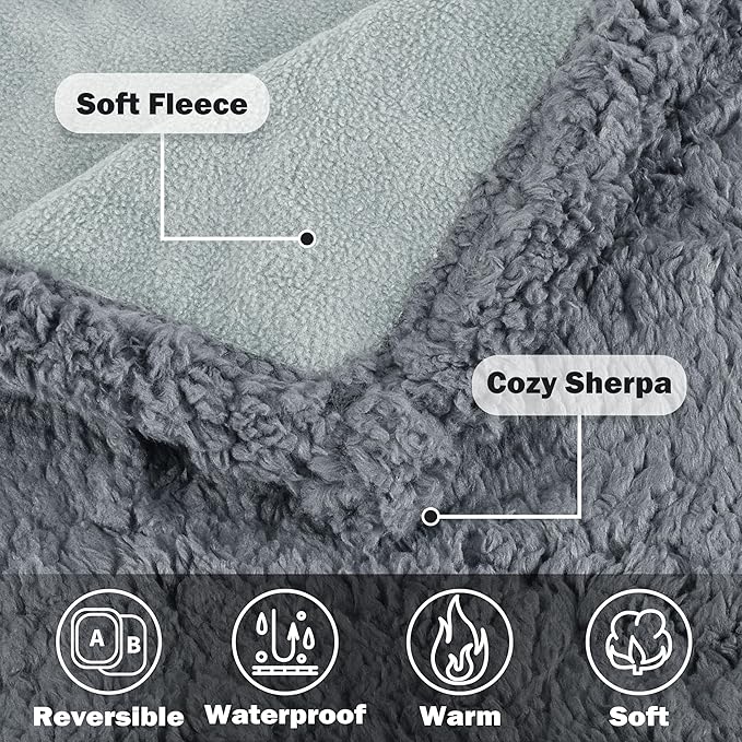 Kritter Planet Waterproof Pet Blanket for Bed, Reversible Sherpa Fleece Protector Couch Cover for Pets, Liquid Proof Furniture Protector for Medium Large Dogs
