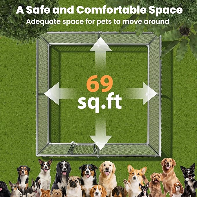 8.3x8.3 FT Heavy-Duty Outdoor Dog Kennel with Waterproof Cover, UV-Resistant Roof, Secure Locking Mechanism for Large Dogs, Metal Enclosure for All Weather Conditions（100x100x85IN）