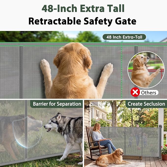 275" Retractable Baby Gates Extra Wide Retractable Fence Outdoor, 22ft Retractable Dog Gates for Doorways Extra Wide Baby Gate, 48" Extra Tall Dog Gate Retractable Pet Gate for Garage, Driveway, Gray