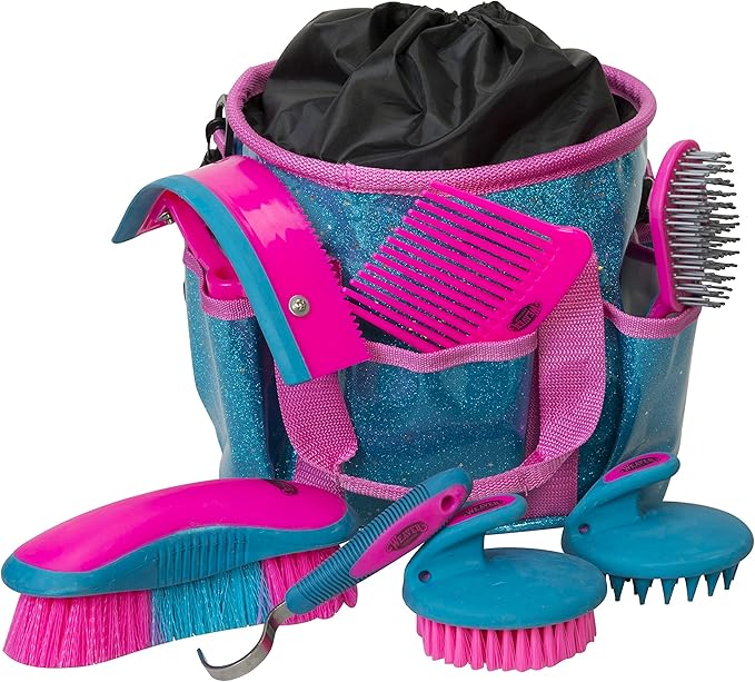 Weaver Equine Horse Grooming Kit, 7-Piece Horse Brush Set with Organizer Tote Bag, Hoof Pick, Comb, Sweat Scraper, Equine Tools for Daily Grooming, Blue Glitter