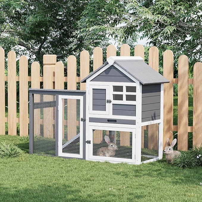 GarveeLife Small Wooden Chicken Coop, 2-Story Rabbit Hutch Indoor Outdoor with Waterproof Roof, Bunny Cage with Pull Out Tray and a Wooden Ramp