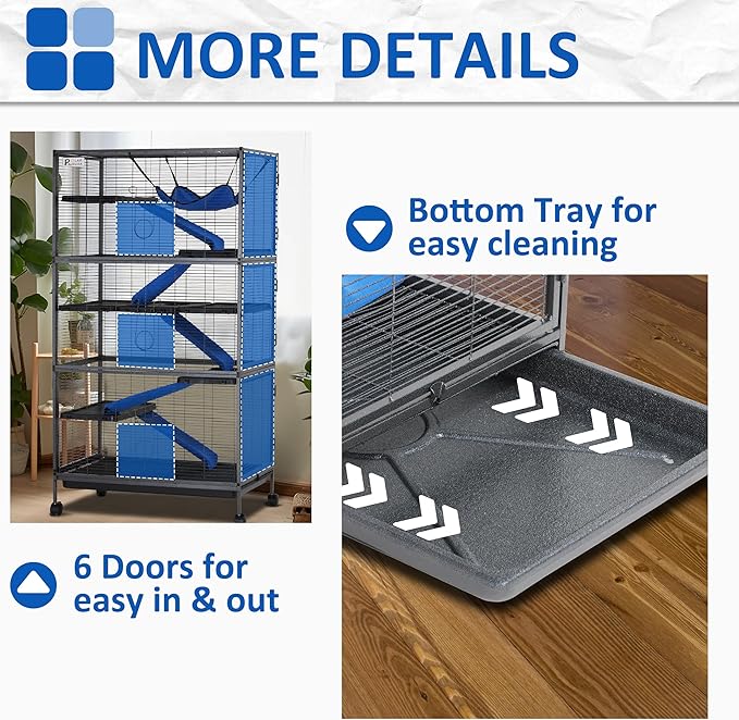 Polar Aurora Metal Small Animal Cage, 59" H Ferret Cage with Lockable Wheels, Deluxe Chinchilla Cages with Hammock and Removable Tray, 6 Tiers Animal Cages for Pets