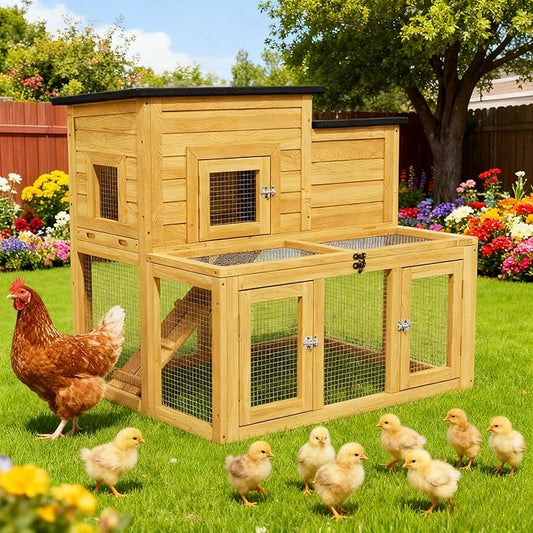 Small Chicken Coop, Chicken Run, Wooden Duck Coop Outdoor 2-Tier Rabbit House All Weather Used Poultry Quail Hutch Pet Cage with Removable Ramp for Garden Backyard (Yellow)