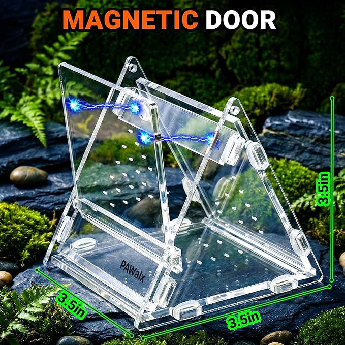 Triangular Jumping Spider Enclosure, Acrylic Terrarium with Magnetic Doors, 0.8mm Micro-Ventilation& Escape-Proof Design for Tarantulas, Lizards, Small Pets, 3.5”x3.5”x3.5”