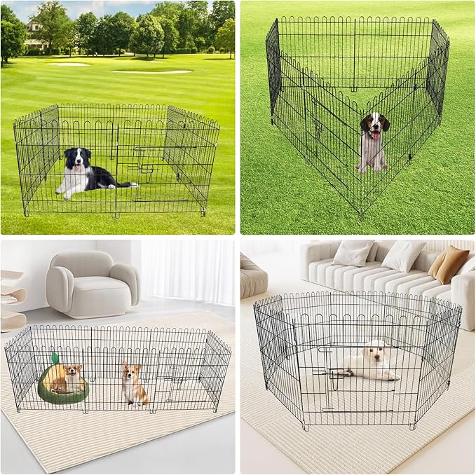 Foldable Metal Dog Playpen, Portable Pet Pen Puppy Exercise Pens 8 Panels Small/Medium Dogs Fence for Yard Indoor&Outdoor RV Travel Camping with Doors for Cat Rabbit Hedgehog