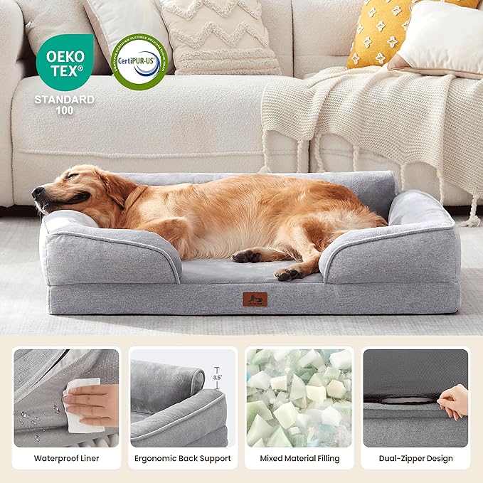 Orthopedic Dog Beds for Large Dogs, Waterproof XL Pet Couch Bed with Soft Sides, Washable Dog Sofa with Flannel Removable Cover, 42" L Supportive Egg-Crate Foam Pet Sofa, Light Grey