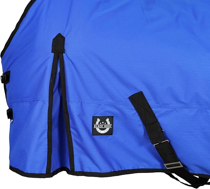 Horse Blanket 600D Ripstop Winter Turnout Blanket, 250 GSM Polyfill, 100% Waterproof & Breathable, Cold Weather Horse Blanket with Secure Fit (Blue w/Black Trim),Size-75