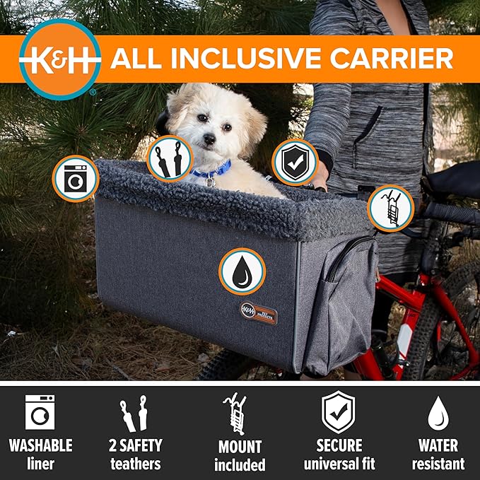 K&H Dog Bike Basket Front Mount, Pet Bike Carrier for Small Dogs & Cats, Bicycle Dog Basket with Safety Leash, Washable Liner, Heavy Duty Metal Frame, Universal Fit, 16x12x10 in