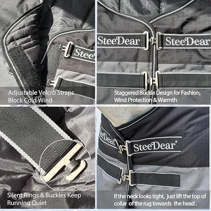 300g Fill 1200D Mid-Heavy Weight Winter Waterproof and Breathable Horse Blanket Belly Straps| Turnout Blankets with Reflective Strips (Black/Gray, 69'')